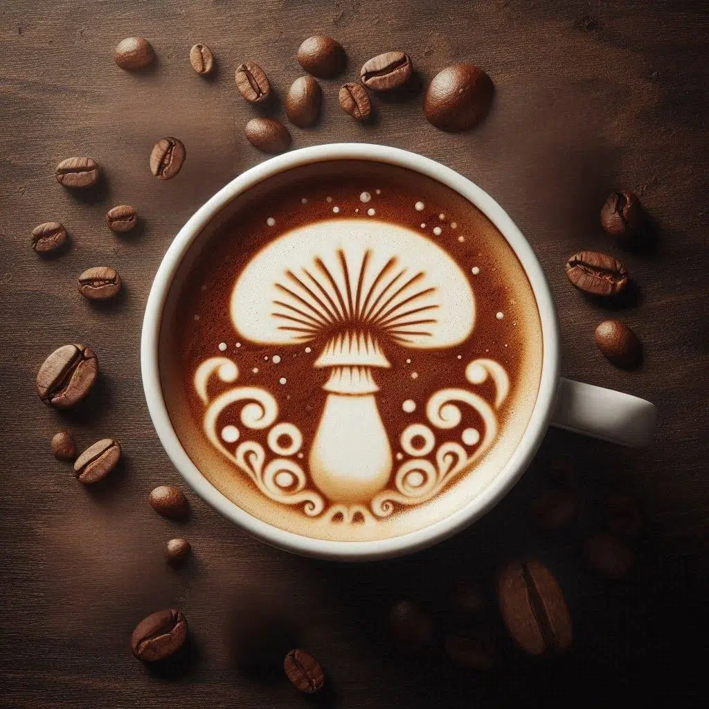 mushroom coffee in a cup on display with foam displaying a mushroom shape